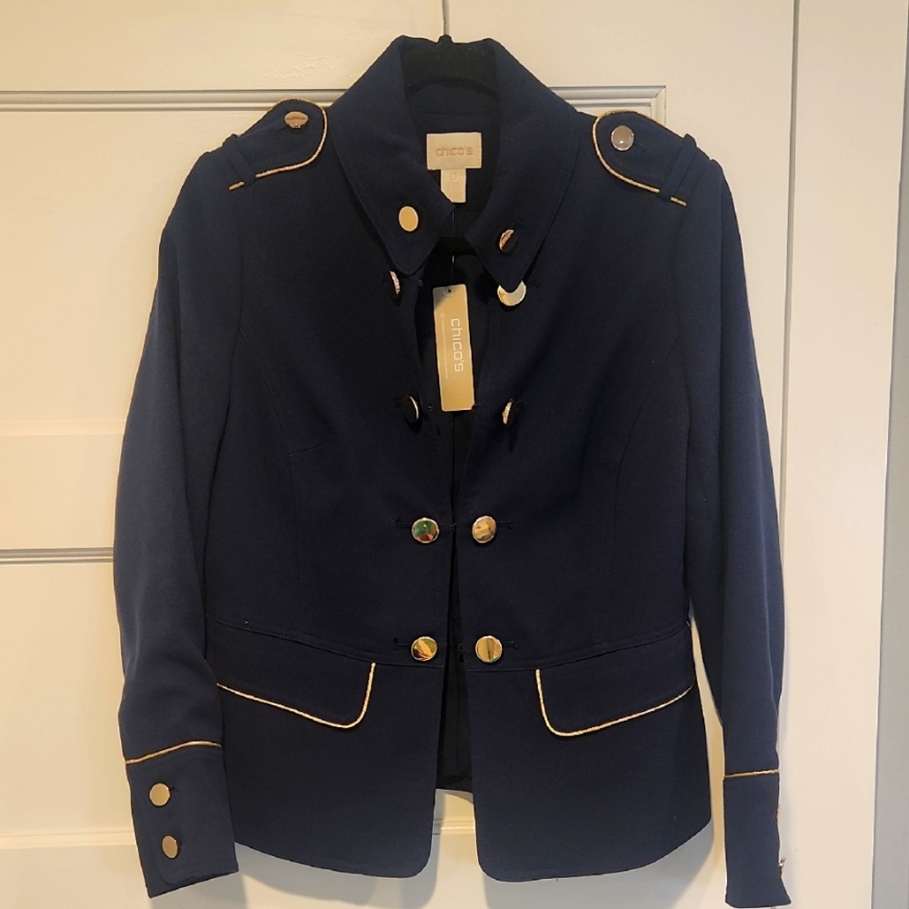 NWT Chicos Sz 0 (Sz4) Chic Navy Military Jacket With Gold Acents